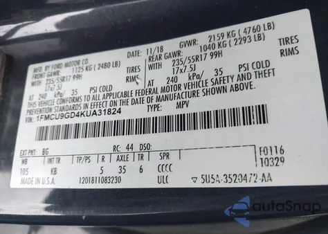 2019 Ford Escape Se from USA, damaged, VIN 1FMCU9GD4KUA31824